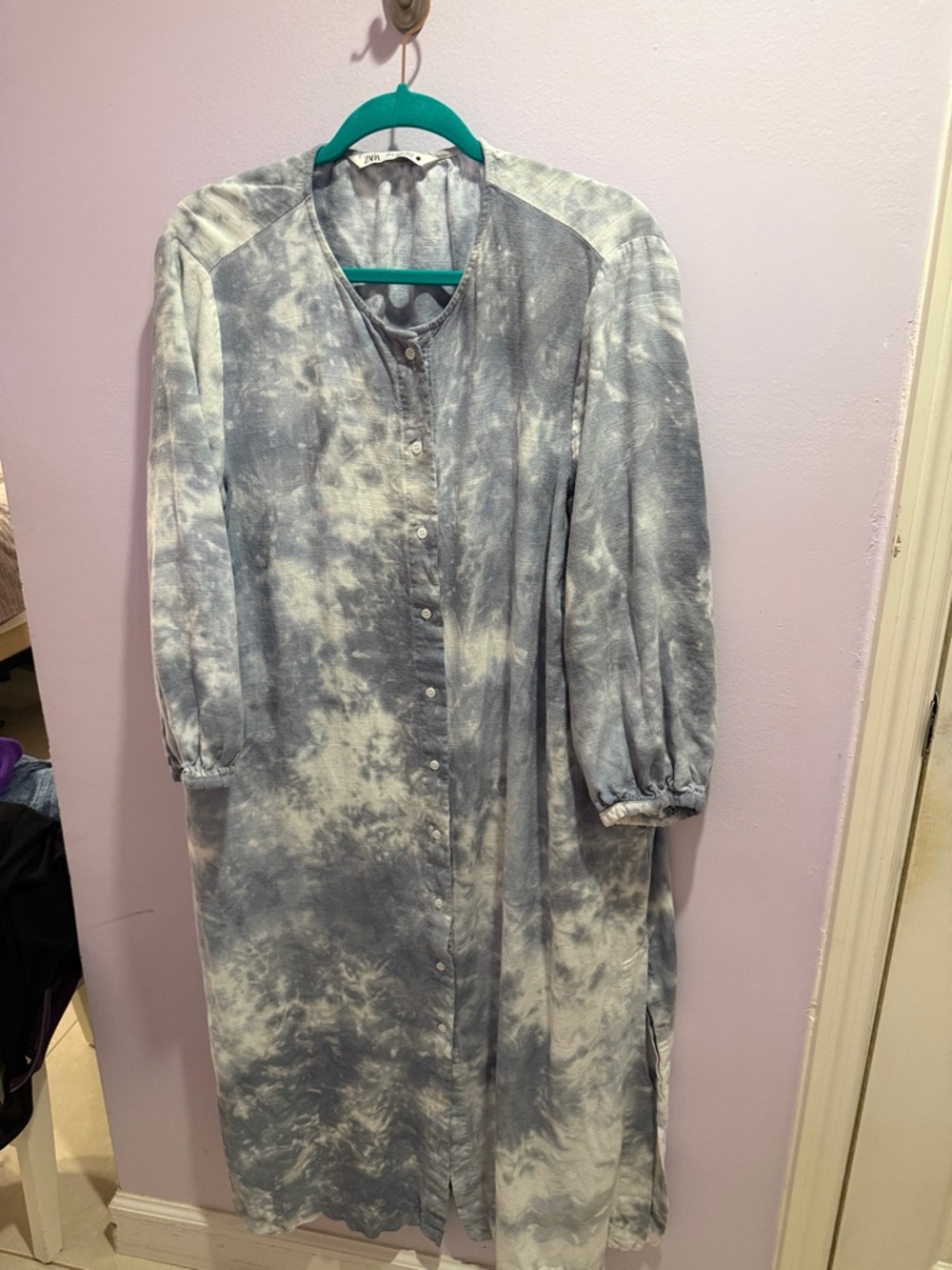 Zara Light Blue and White Tie-Dye Button-Front Maxi Dress - Picture 2 of 4